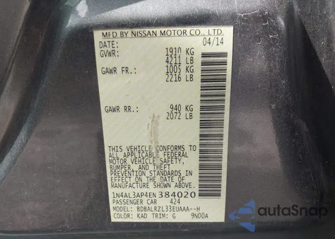 2014 Nissan Altima 2.5 S z USA, uszkodzony, nr VIN 1N4AL3AP4EN384020